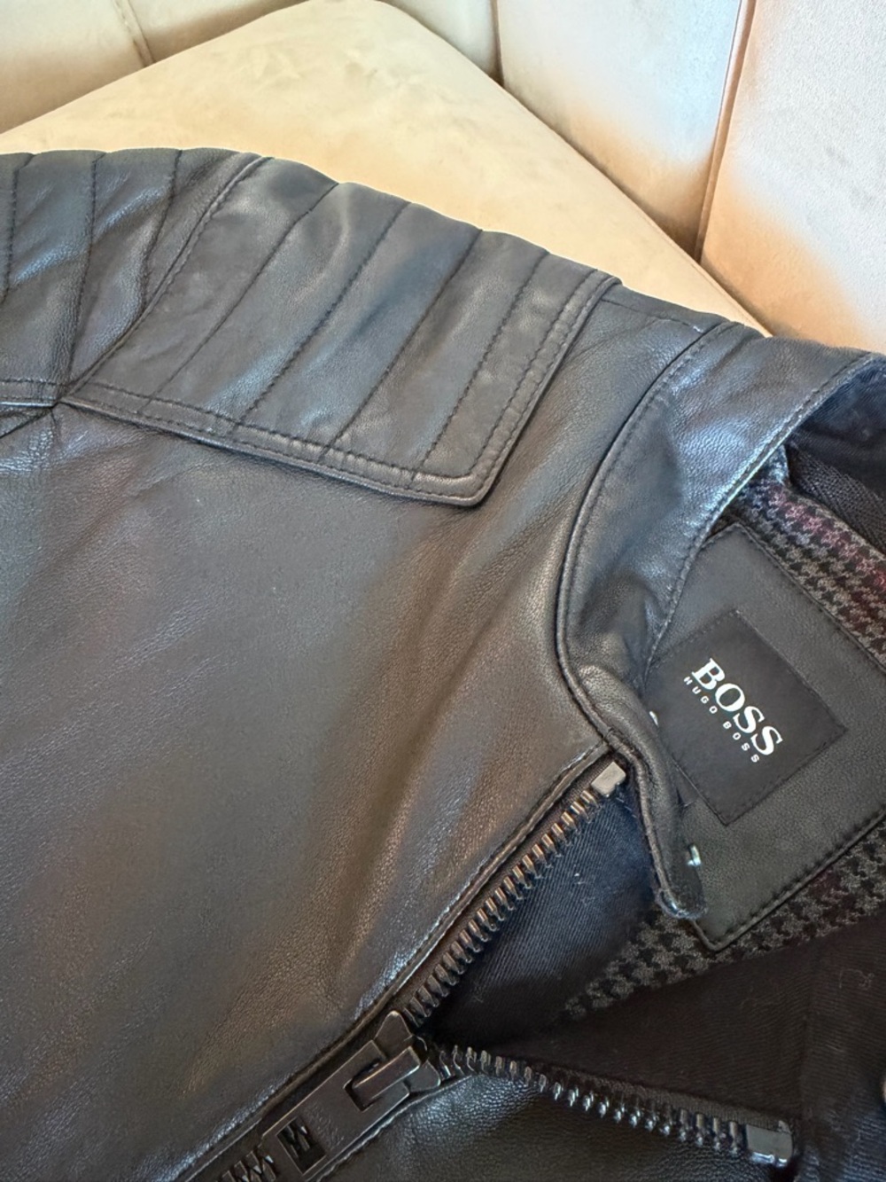 Boss Black Leather Moto Jacket with Quilted Shoulders